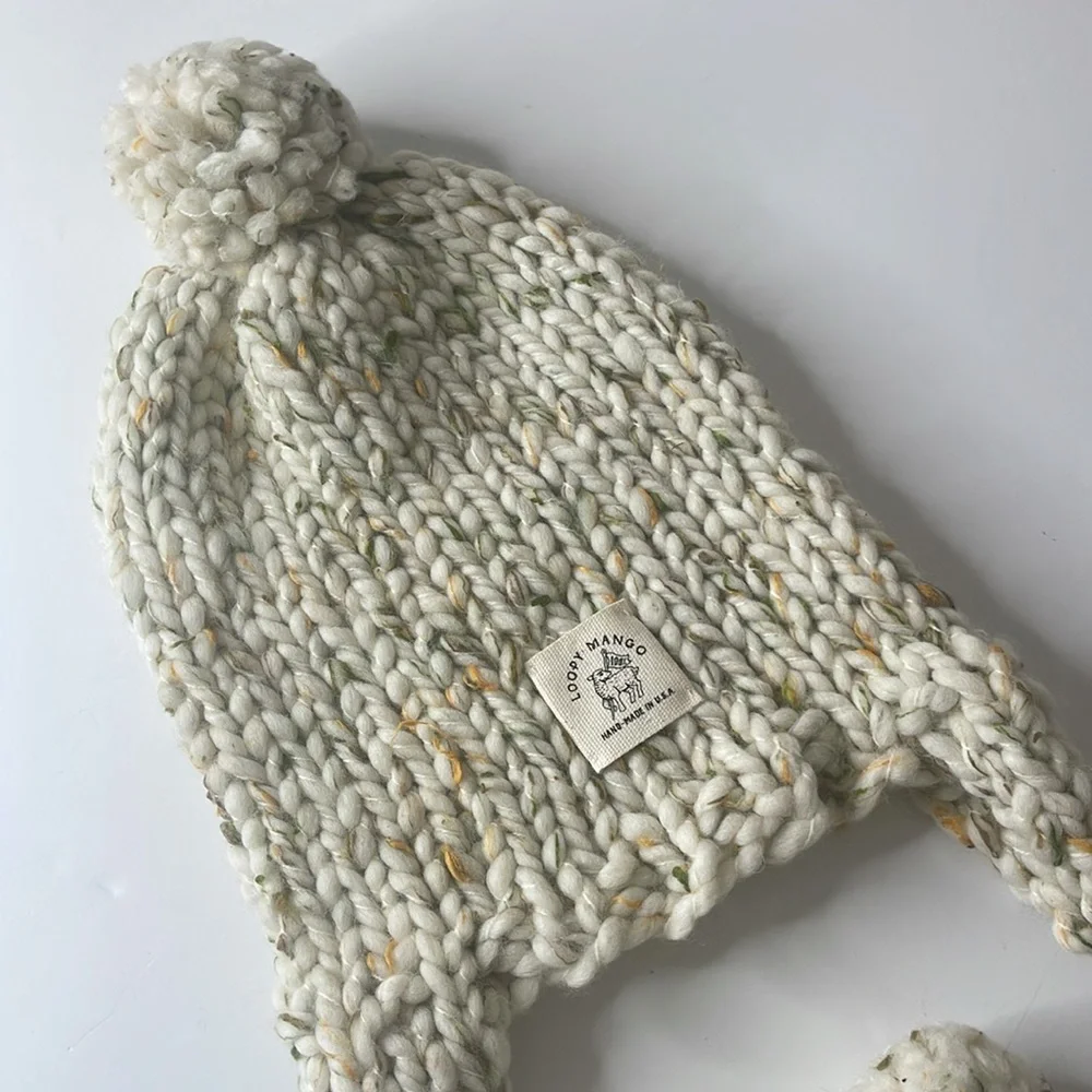 Free People x Loopy Mango Aviatrix Hand Knit Trapper Beanie Ivory / Green